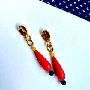 Handmade Gold Beaded Coral Teardrop Earrings